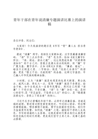 青年干部在青年说清廉专题演讲比赛上的演讲稿