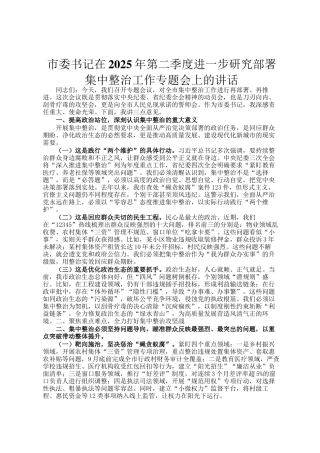 市委书记在2025年第二季度进一步研究部署集中整治工作专题会上的讲话