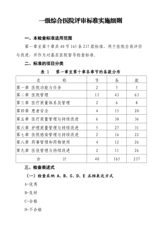 一级综合医院评审标准实施细则