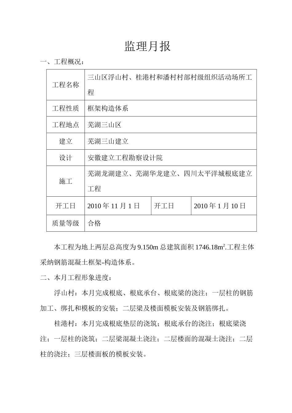三山区浮山村、桂港村和潘村村部村级组织活动场所工程监理月报_第1页