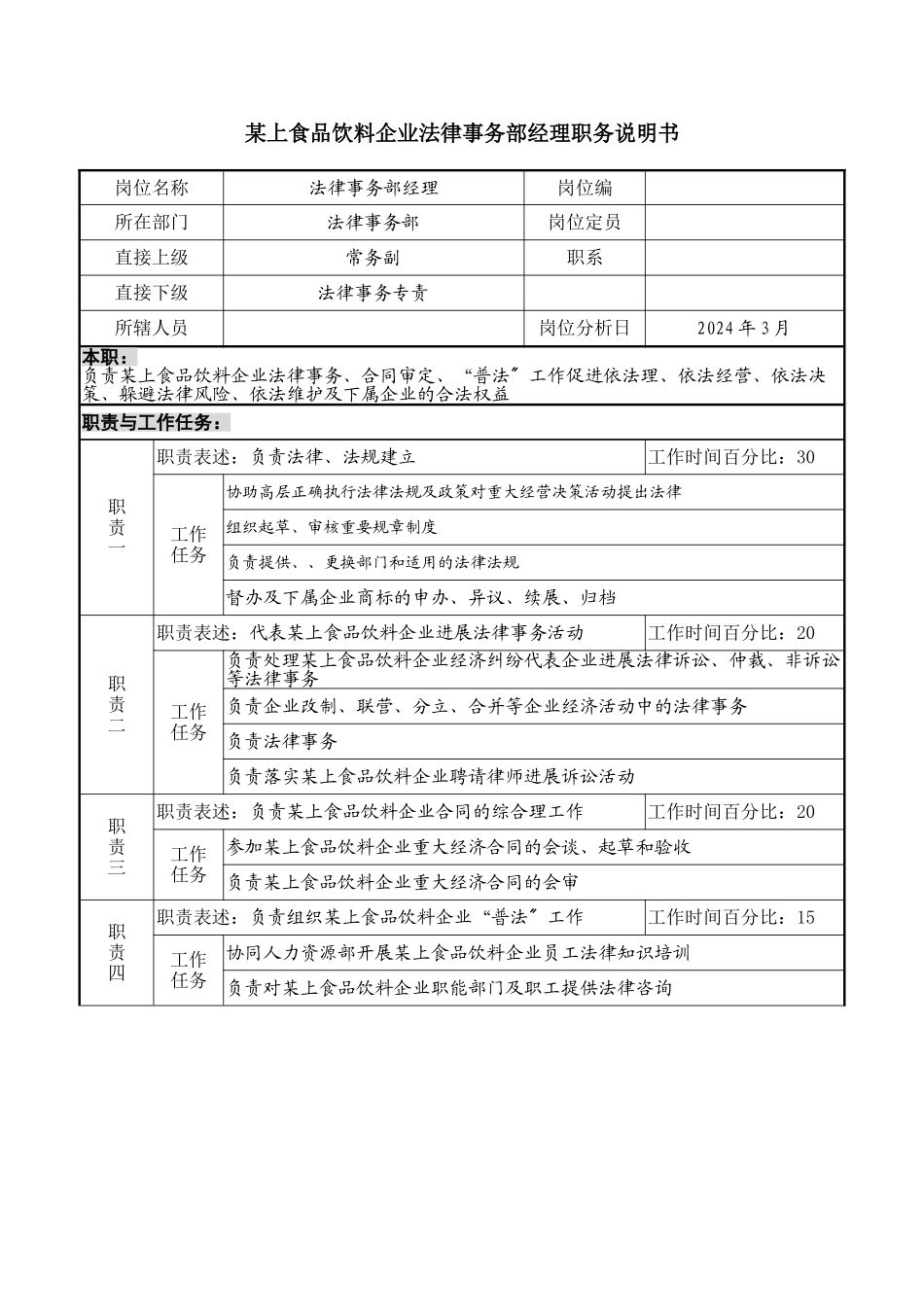 上市食品饮料企业法律事务部经理职务说明书_第1页