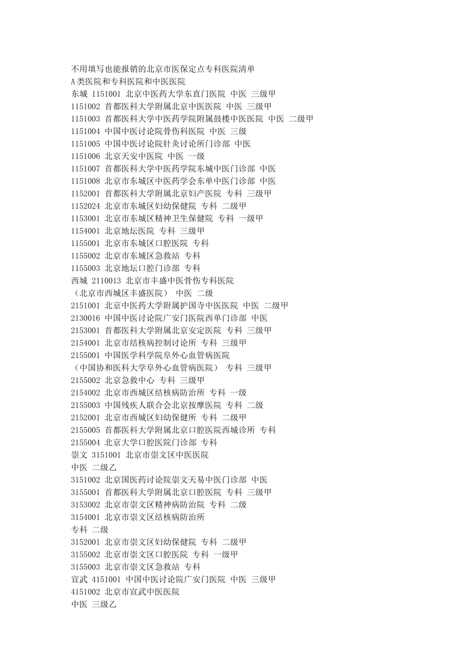 不用填写也能报销的北京市医保定点专科医院清单_第1页