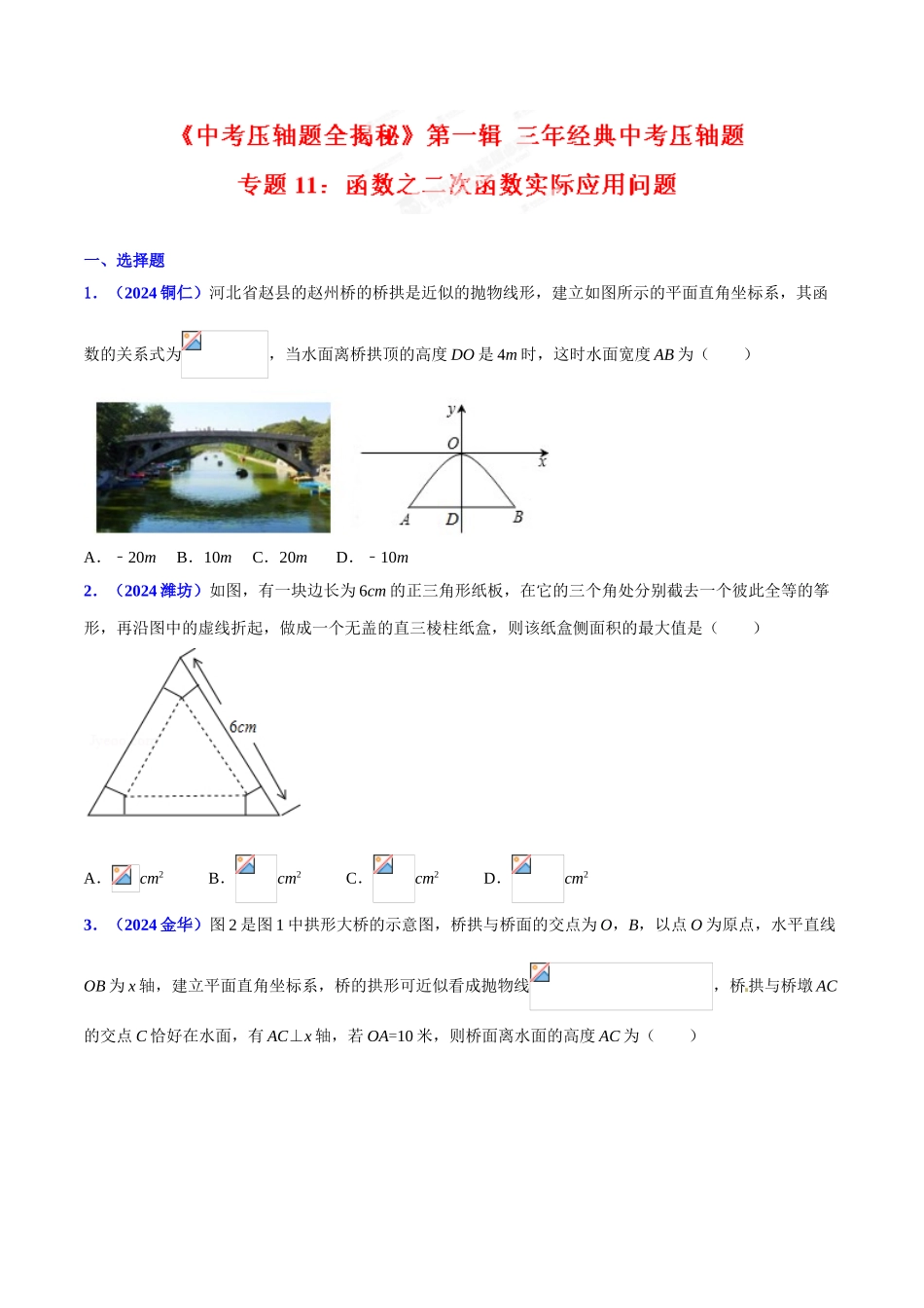 专题11 函数之二次函数实际应用问题（压轴题）-决胜2024中考数学压轴题全揭秘精品（原卷版）_第1页