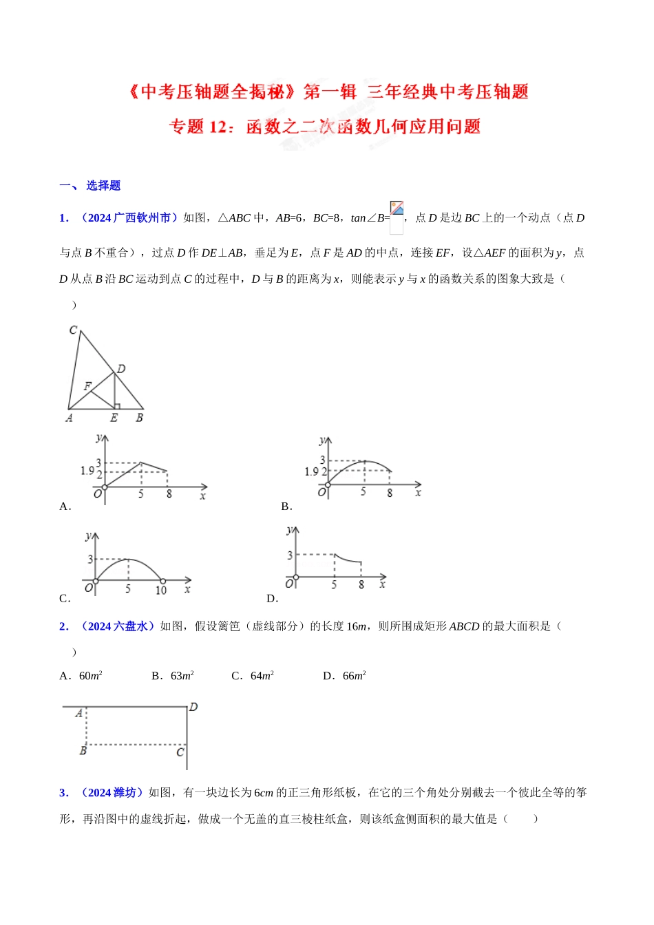 专题12 函数之二次函数几何应用问题（压轴题）-决胜2024中考数学压轴题全揭秘精品（原卷版）_第1页