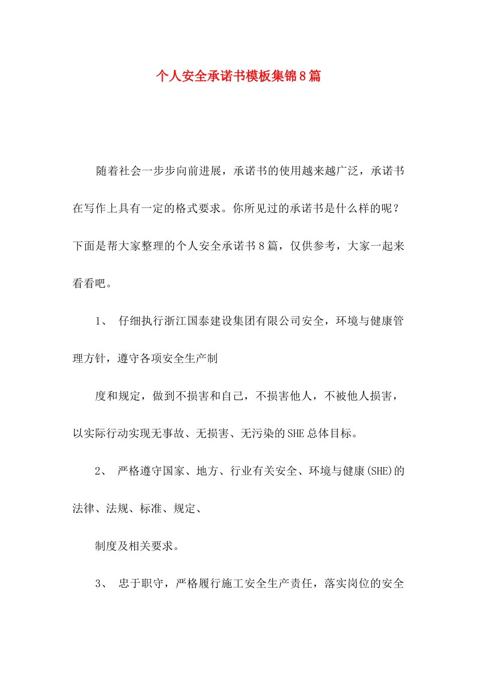 个人安全承诺书模板集锦8篇_第1页