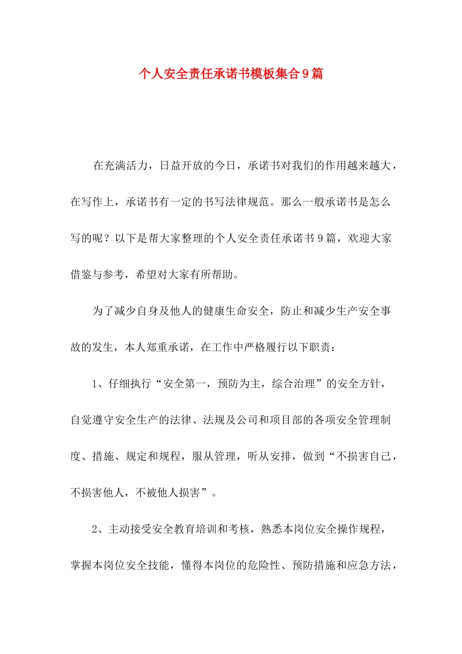 个人安全责任承诺书模板集合9篇_第1页