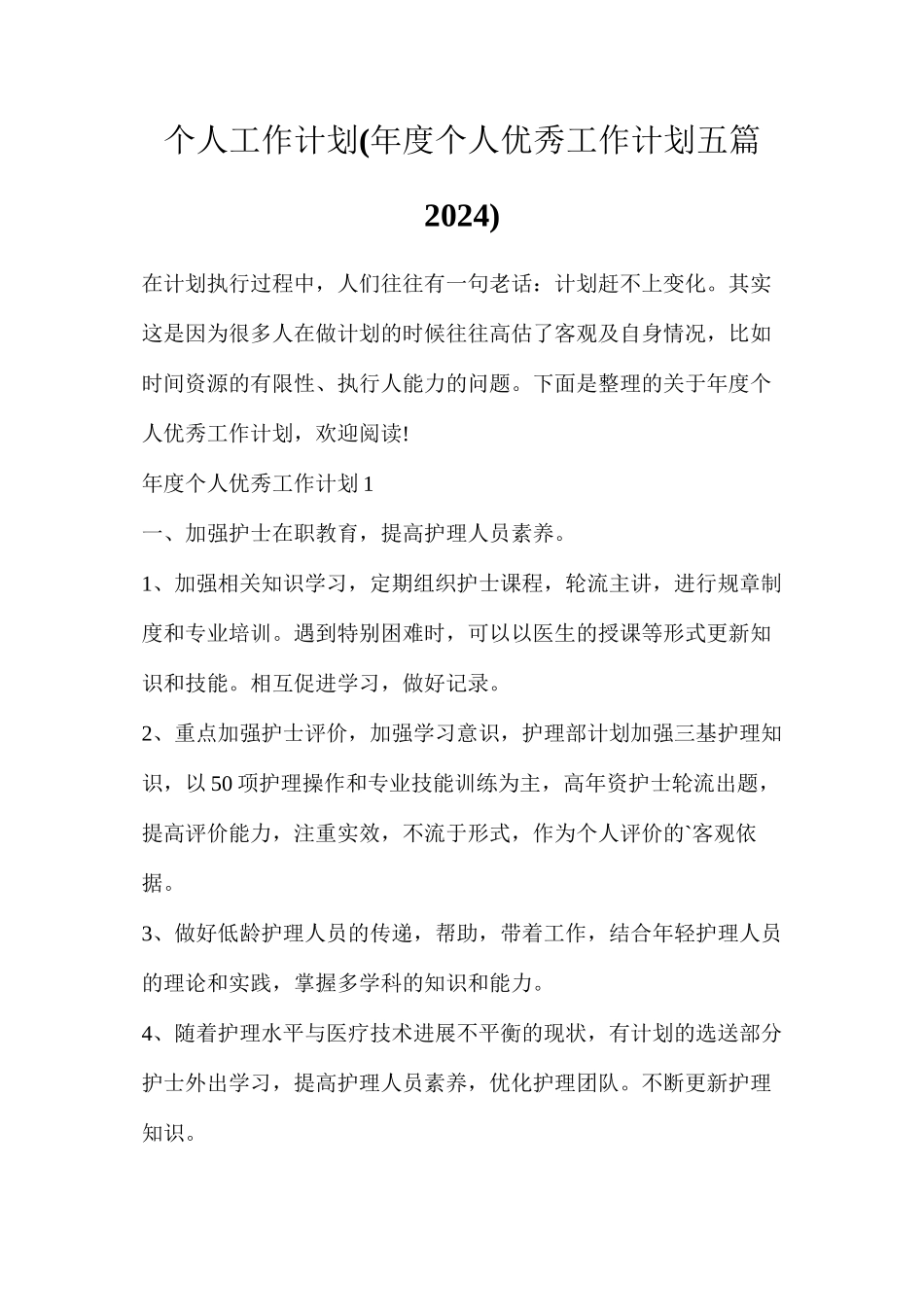 个人工作计划(年度个人优秀工作计划五篇2024)_第1页