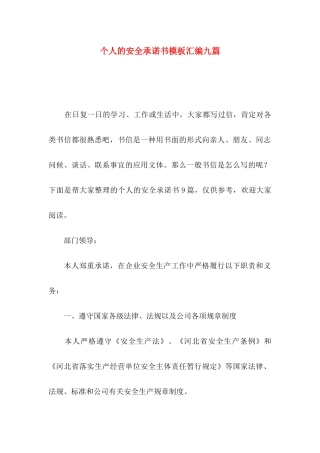 个人的安全承诺书模板汇编九篇