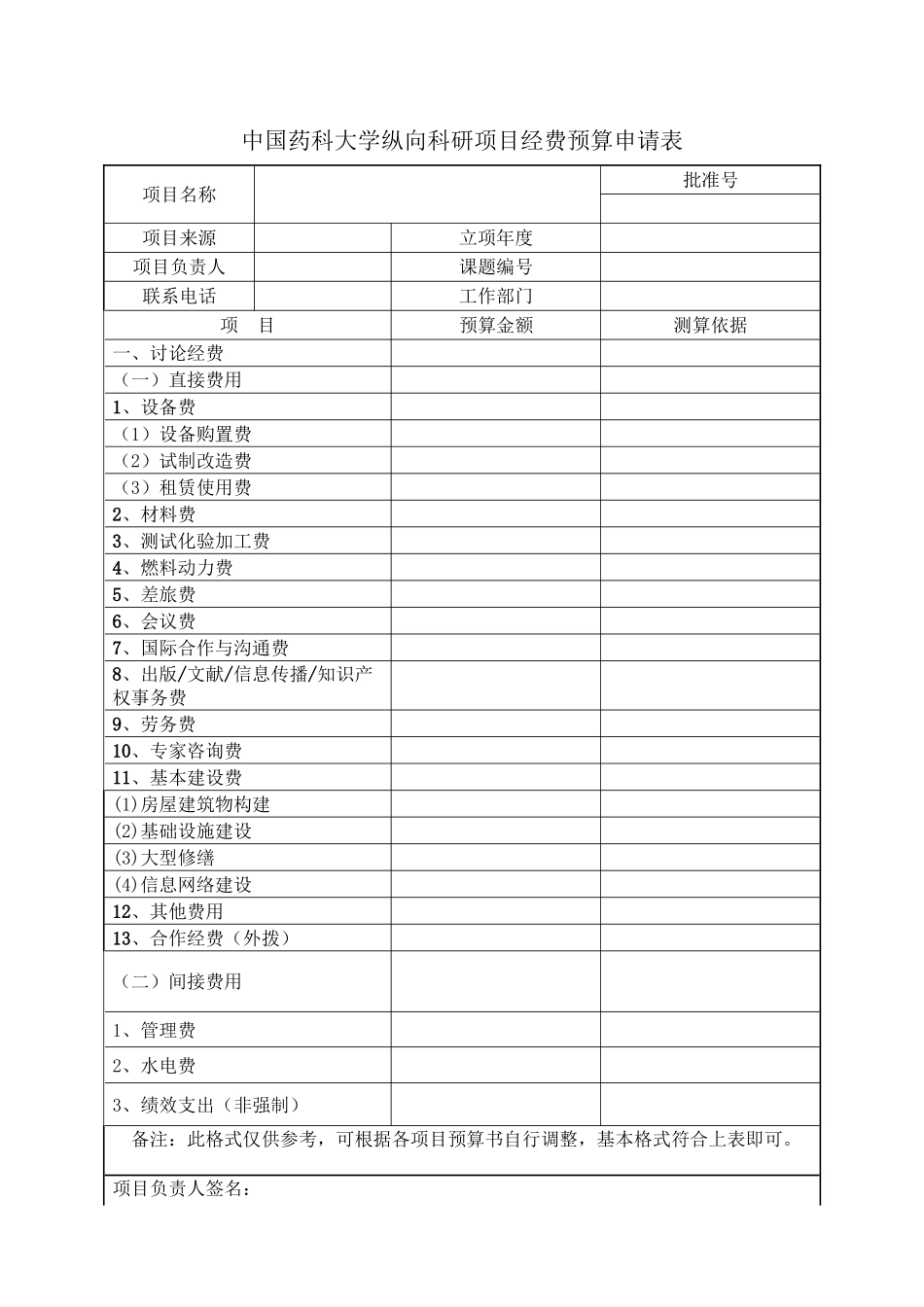 中国药科大学纵向科研项目经费预算申请表_第1页