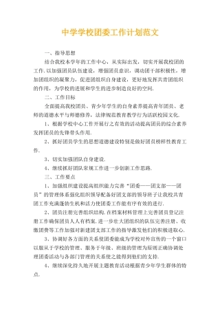 中学学校团委工作计划范文