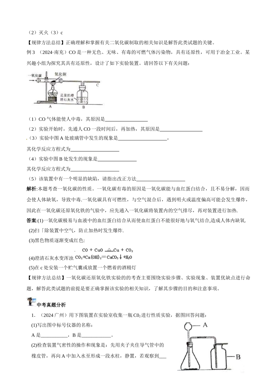 中考化学实验过关专题 碳及其化合物 人教版_第2页
