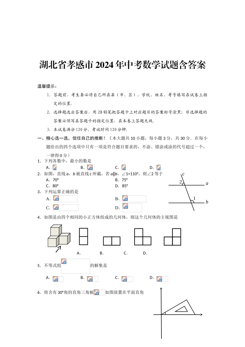 中考数学-【真题】湖北省孝感市2024年中考数学试卷及参考答案【word版】_第1页