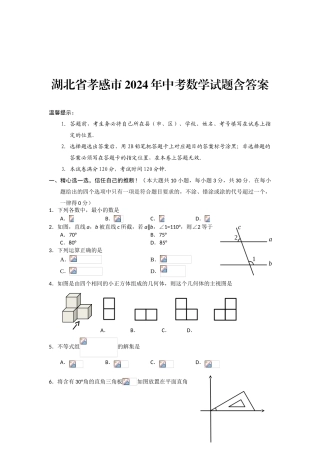 中考数学-【真题】湖北省孝感市2024年中考数学试卷及参考答案【word版】