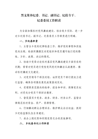 乡镇纪委、书记、副书记、纪检专干、纪委委员工作职责