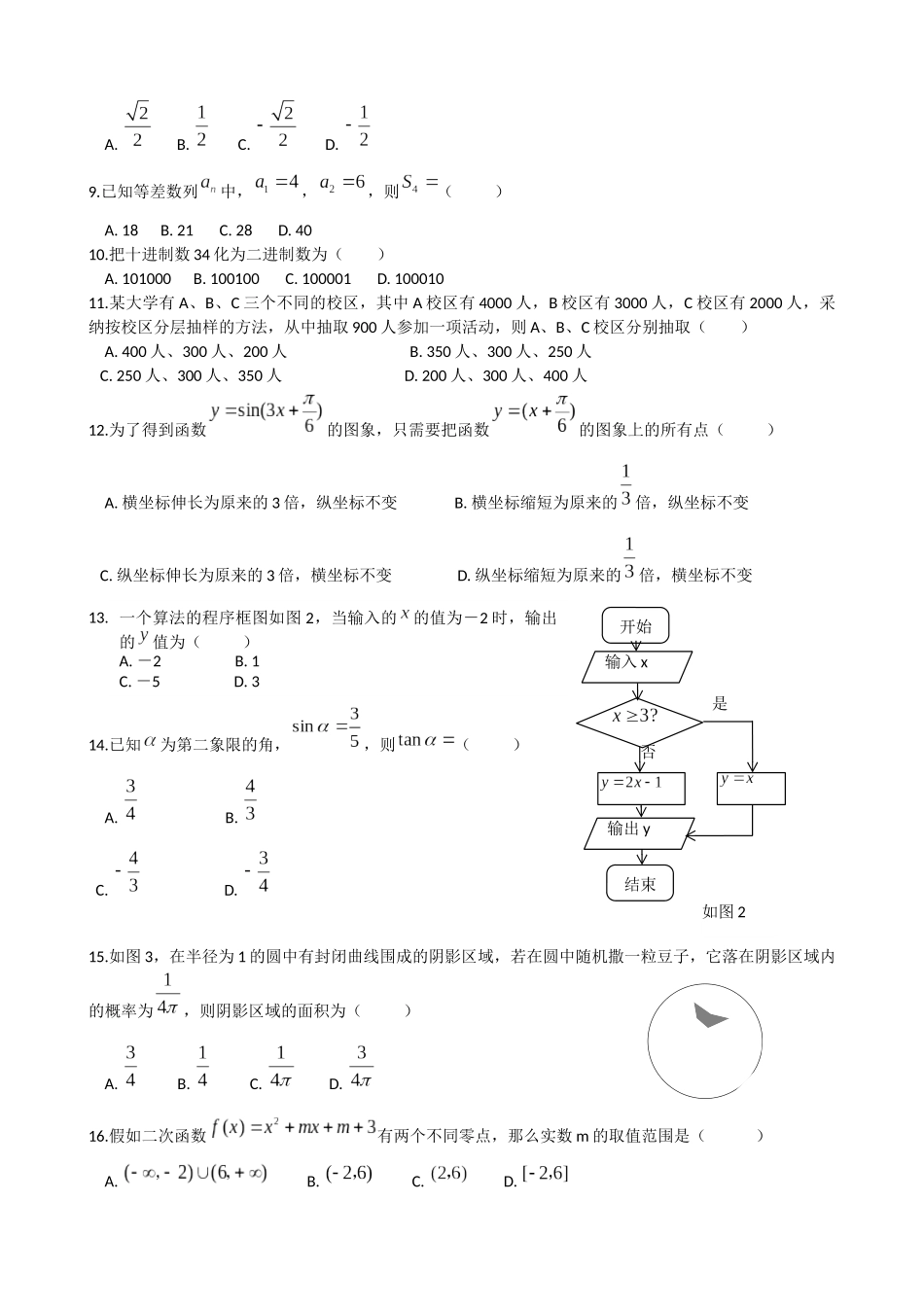 云南省2024年7月普通高中学业水平考试数学试卷_第2页