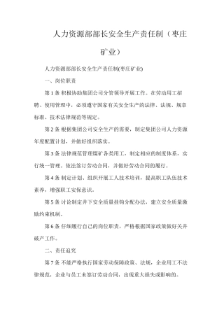 人力资源部部长安全生产责任制（枣庄矿业）