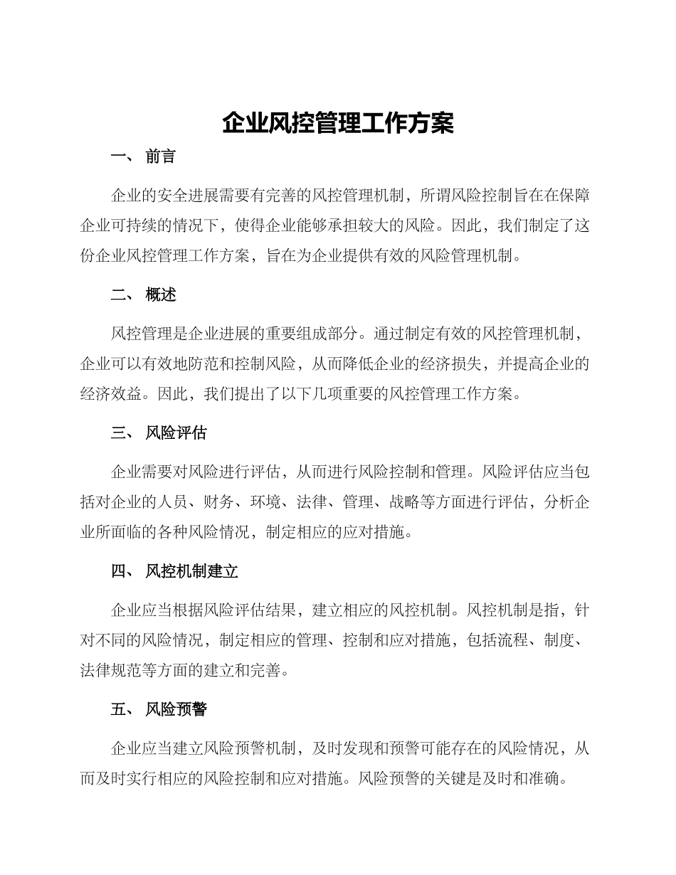 企业风控管理工作方案_第1页