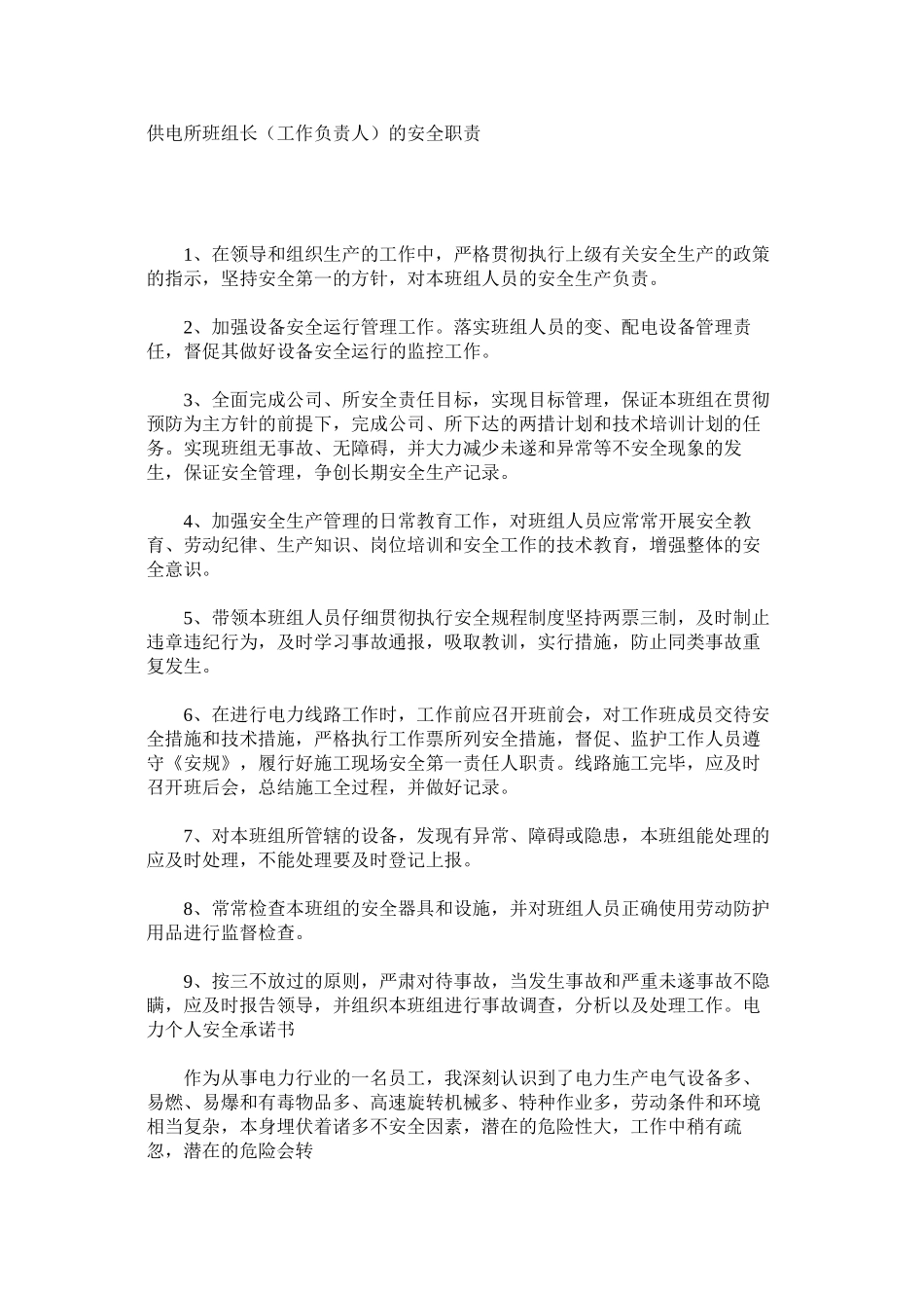 供电所班组长（工作负责人）的安全职责_第1页
