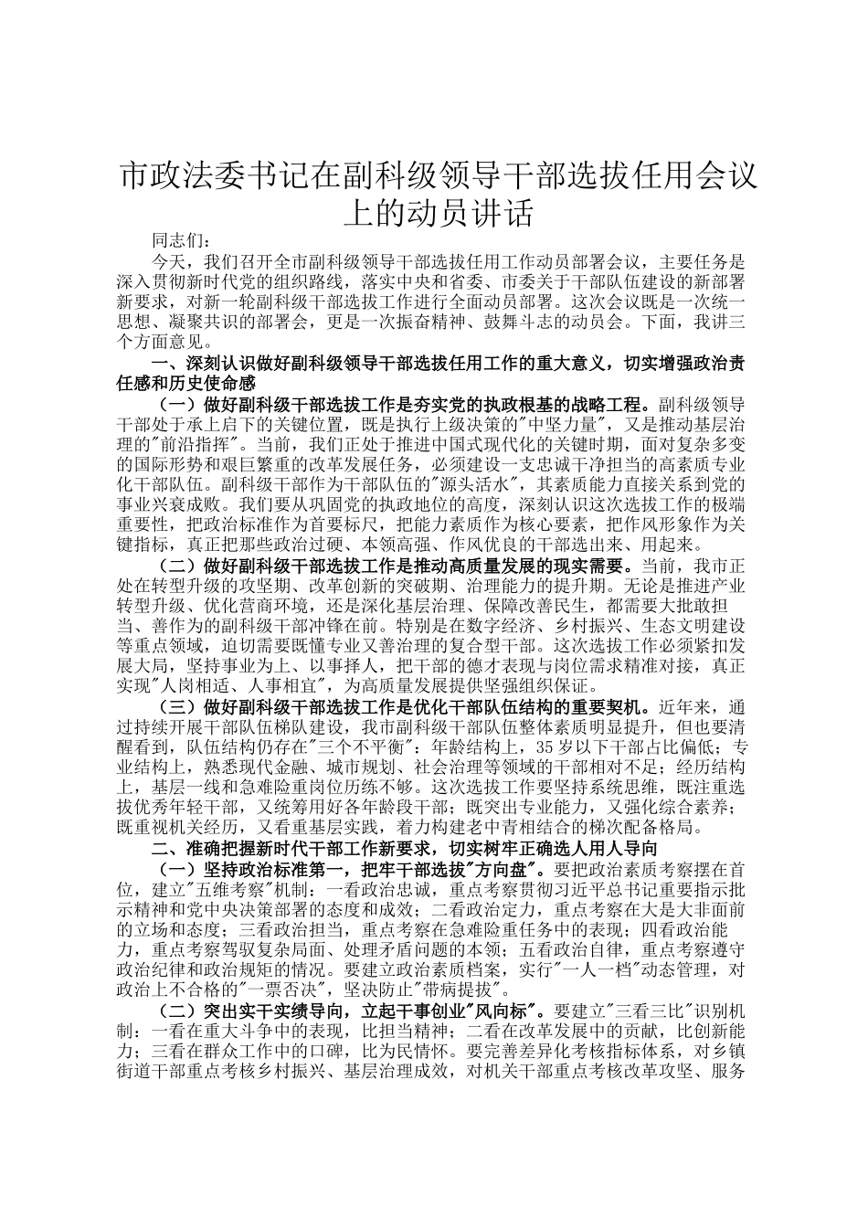 市政法委书记在副科级领导干部选拔任用会议上的动员讲话_第1页