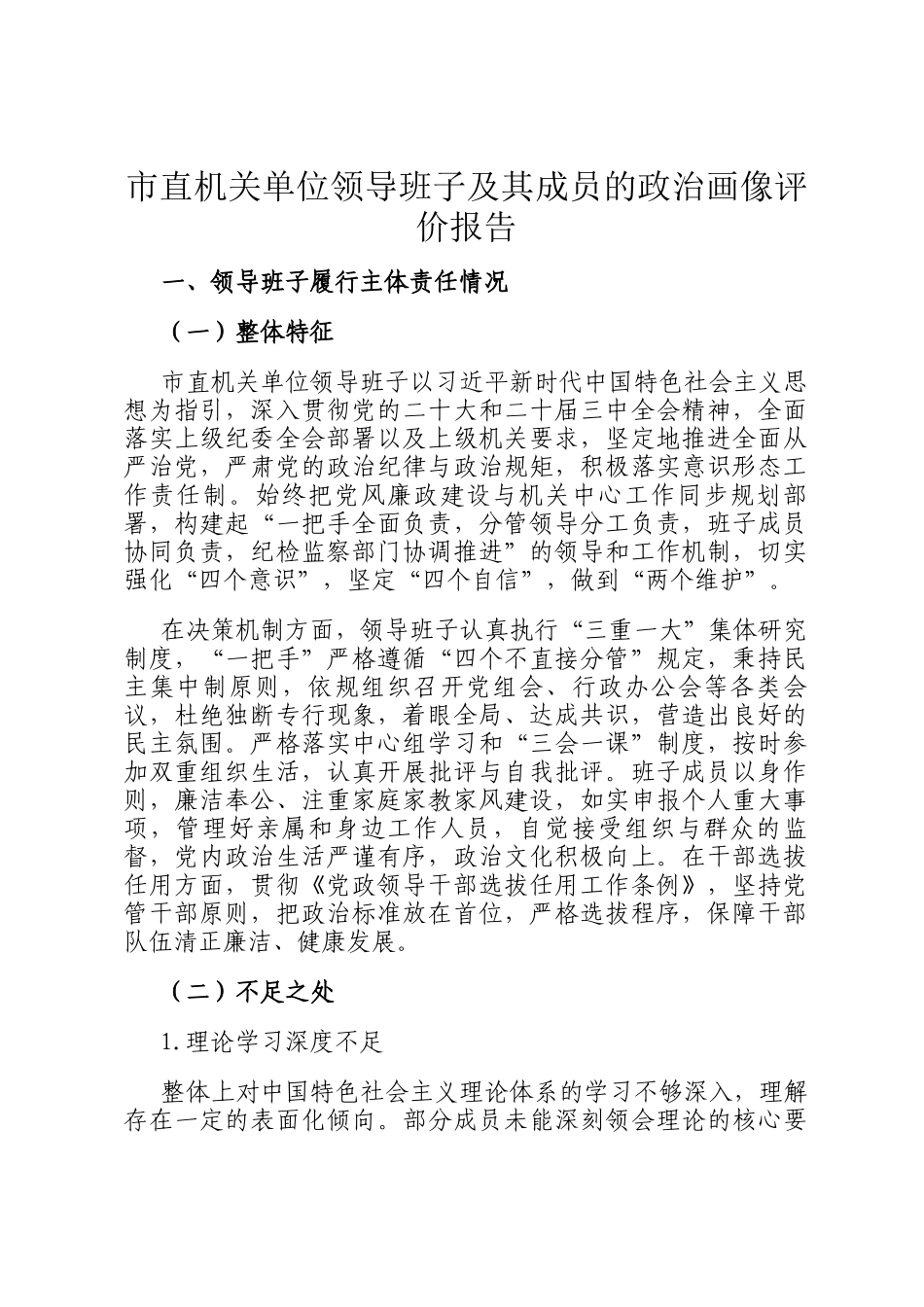市直机关单位领导班子及其成员的政治画像评价报告_第1页