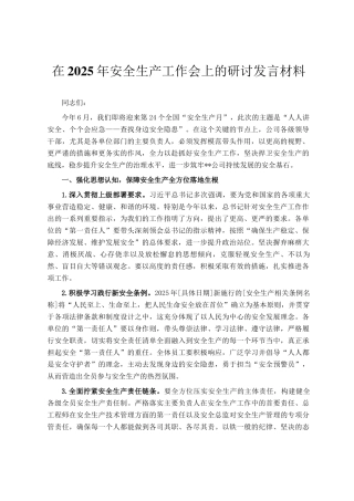 在2025年安全生产工作会上的研讨发言材料
