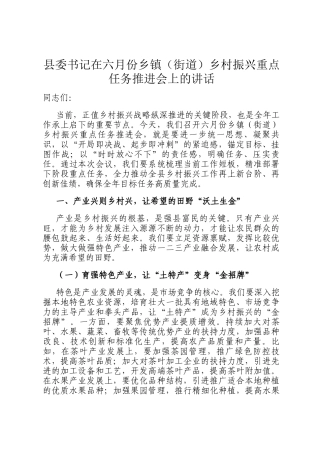县委书记在六月份乡镇（街道）乡村振兴重点任务推进会上的讲话