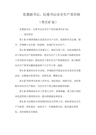 党委副书记、纪委书记安全生产责任制（枣庄矿业）