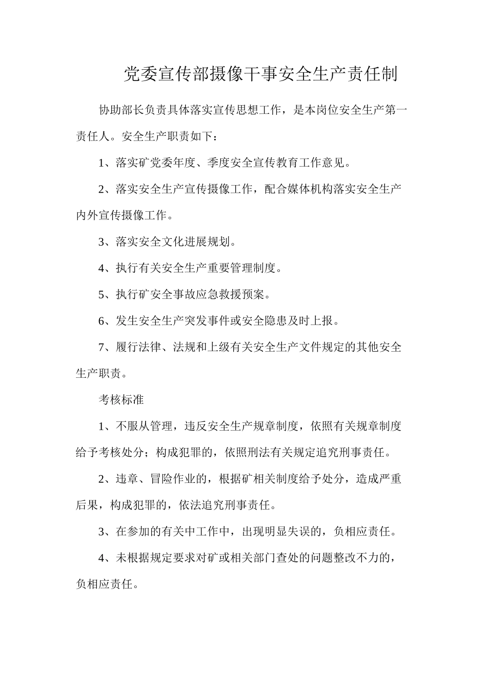 党委宣传部摄像干事安全生产责任制_第1页