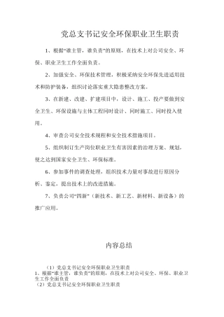 党总支书记安全环保职业卫生职责