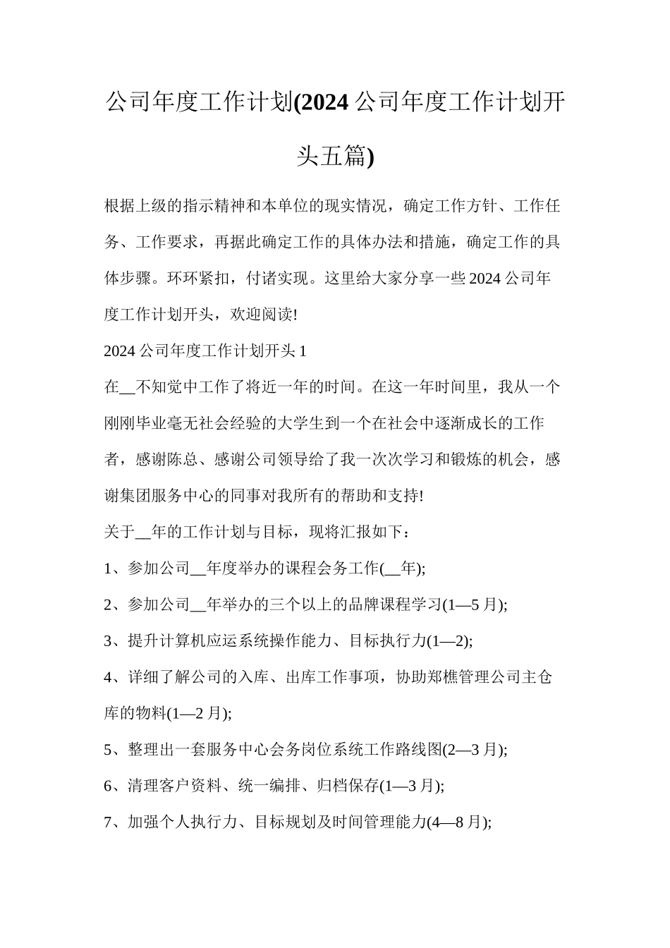 公司年度工作计划(2024公司年度工作计划开头五篇)_第1页