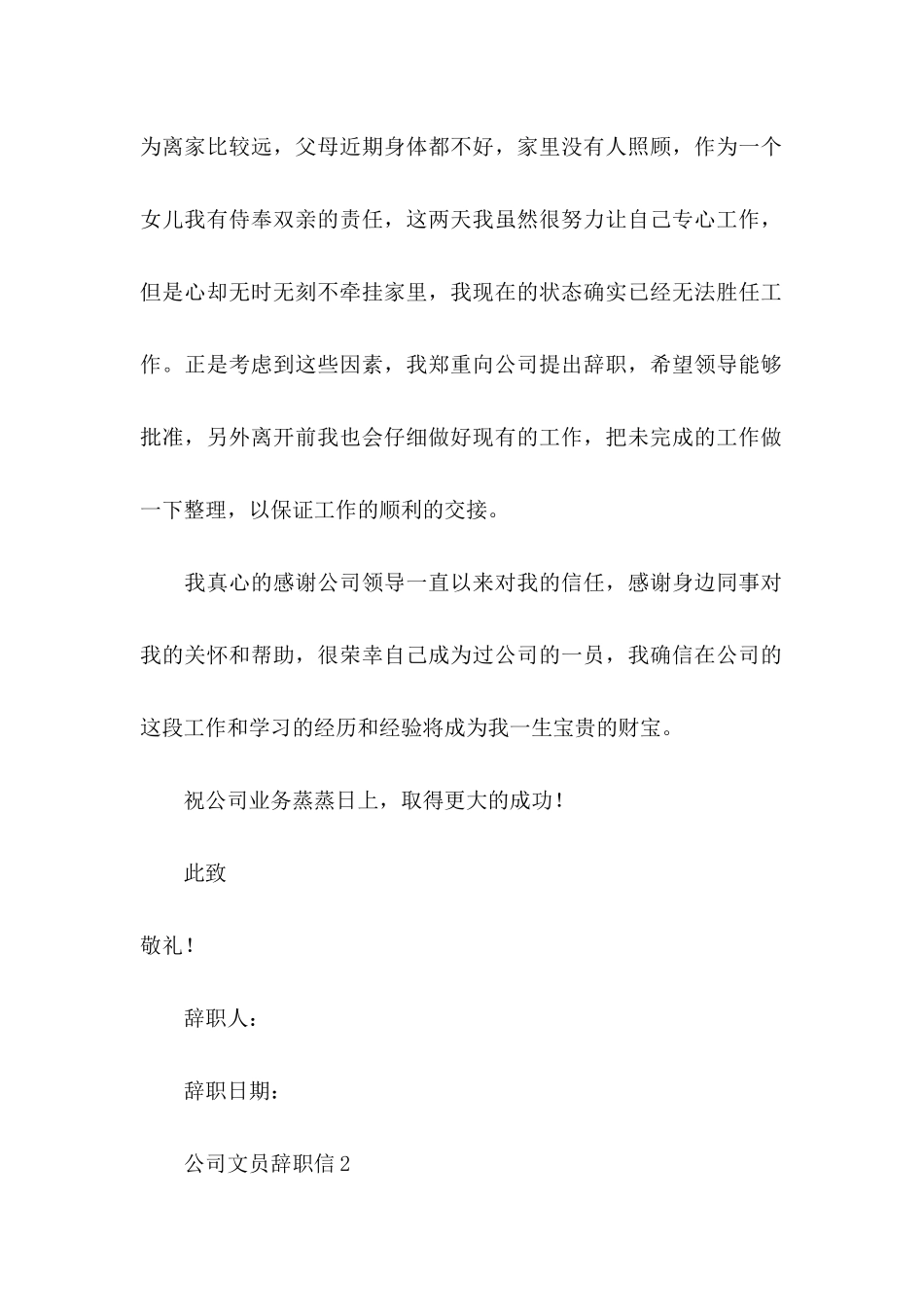 公司文员辞职信 _第2页