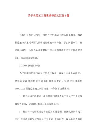 关于农民工工资承诺书范文汇总6篇