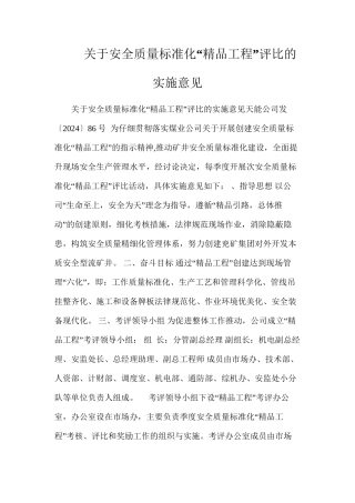 关于安全质量标准化“精品工程”评比的实施意见