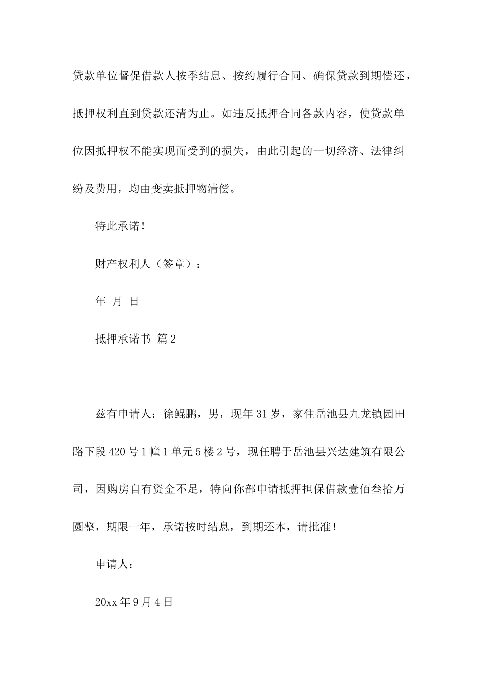 关于抵押承诺书模板集合6篇_第2页