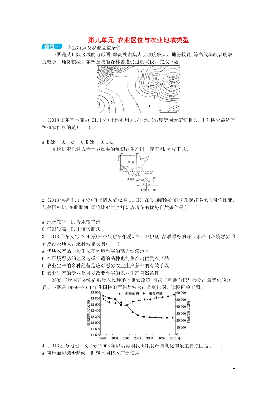 【3年高考2年模拟】（浙江专用）2015版高考地理大一轮复习讲义 第九单元 农业区位与农业地域类型_第1页