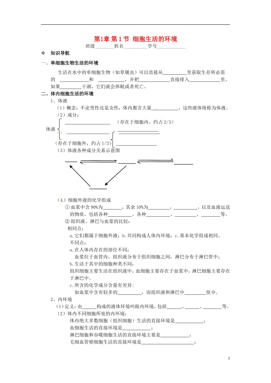 【创新方案】2013-2014学年高中生物 （预习设计+课堂精炼）第1章 第1节 细胞生活的环境名师课堂导学设计 新人教版必修2_第1页