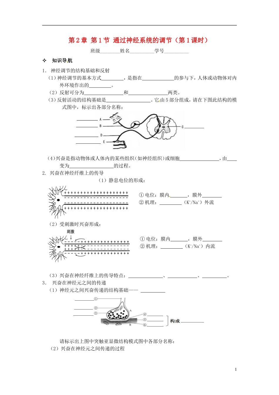 【创新方案】2013-2014学年高中生物 （预习设计+课堂精炼）第2章 第1节 通过神经系统的调节（第1课时）名师课堂导学设计 新人教版必修2_第1页