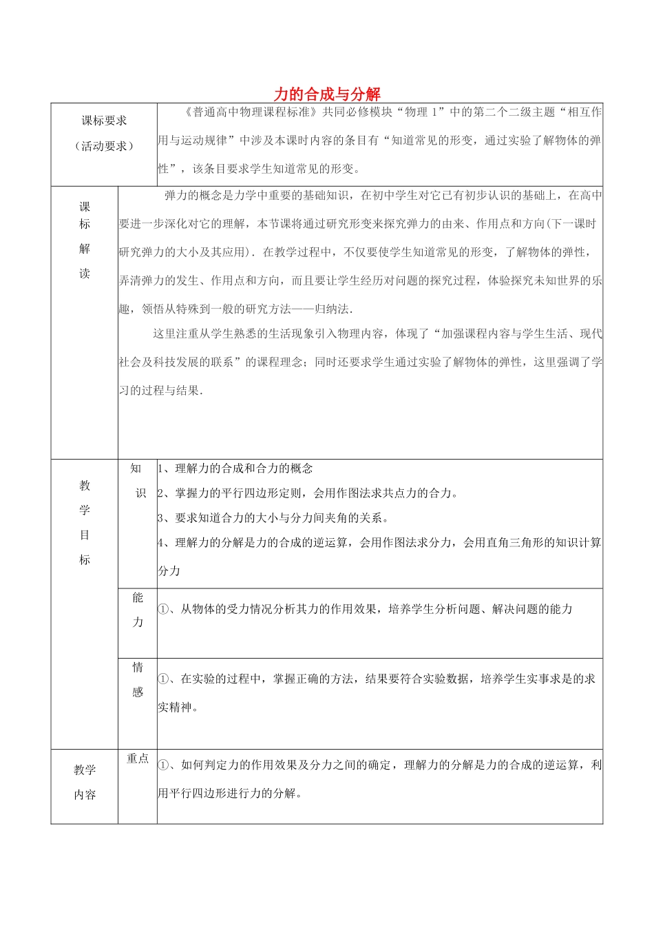 《力的合成与分解》教案 （1）_第1页