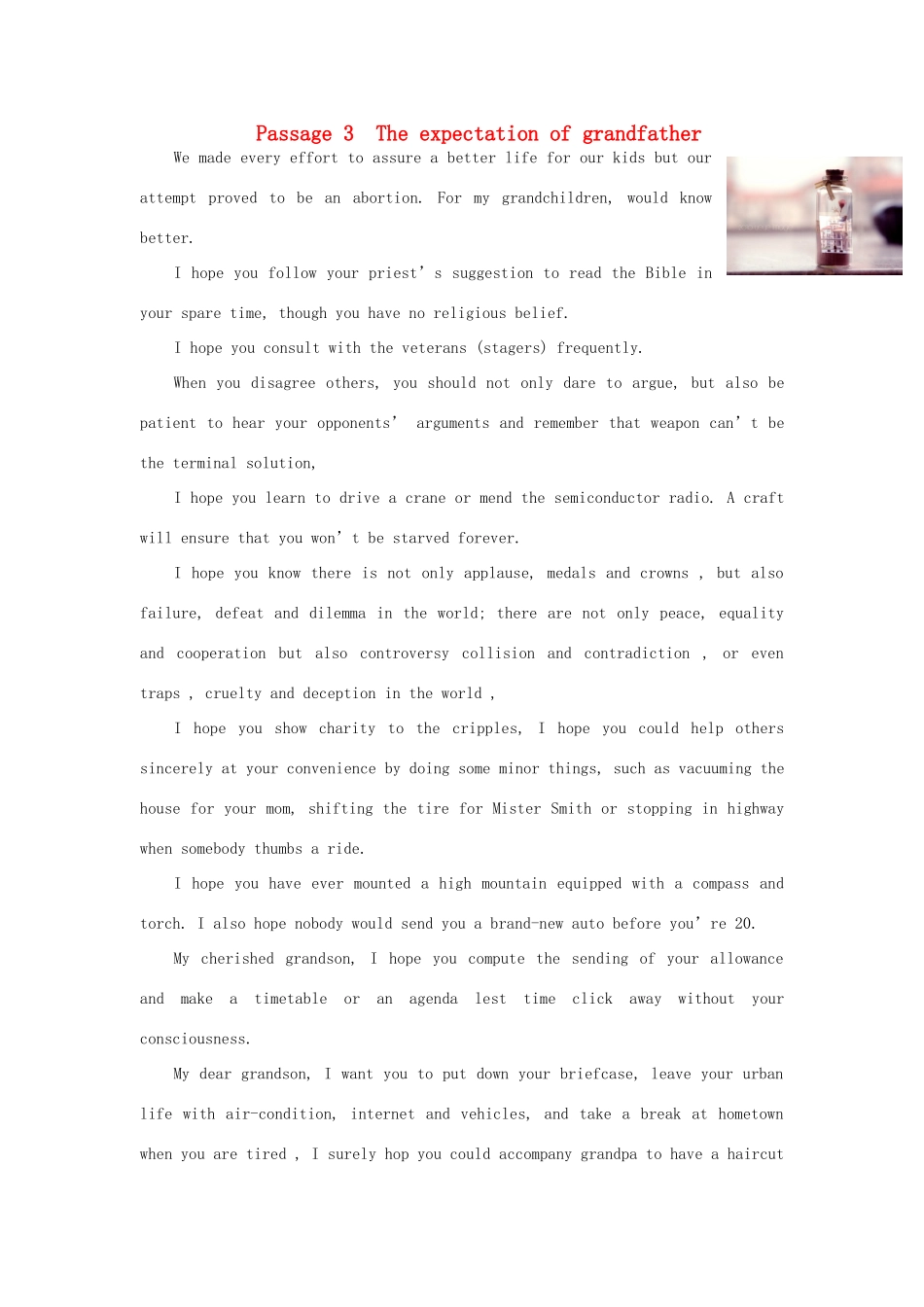 【全程复习方略】2014版高考英语 Passage 3 The expectation of grandfather双语美文集锦素材_第1页
