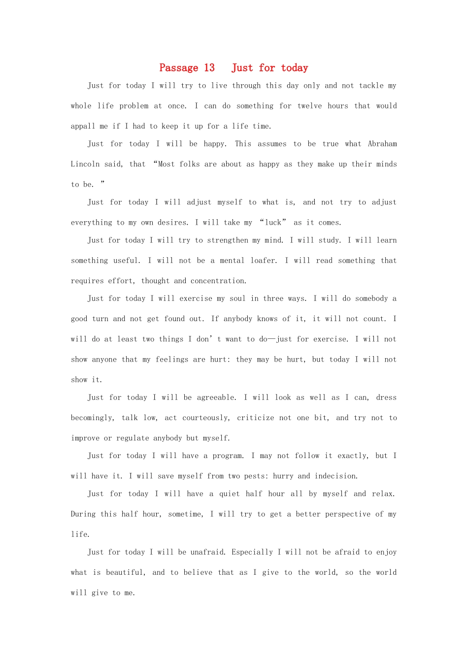 【全程复习方略】2014版高考英语 Passage 13 Just for today双语美文集锦素材_第1页