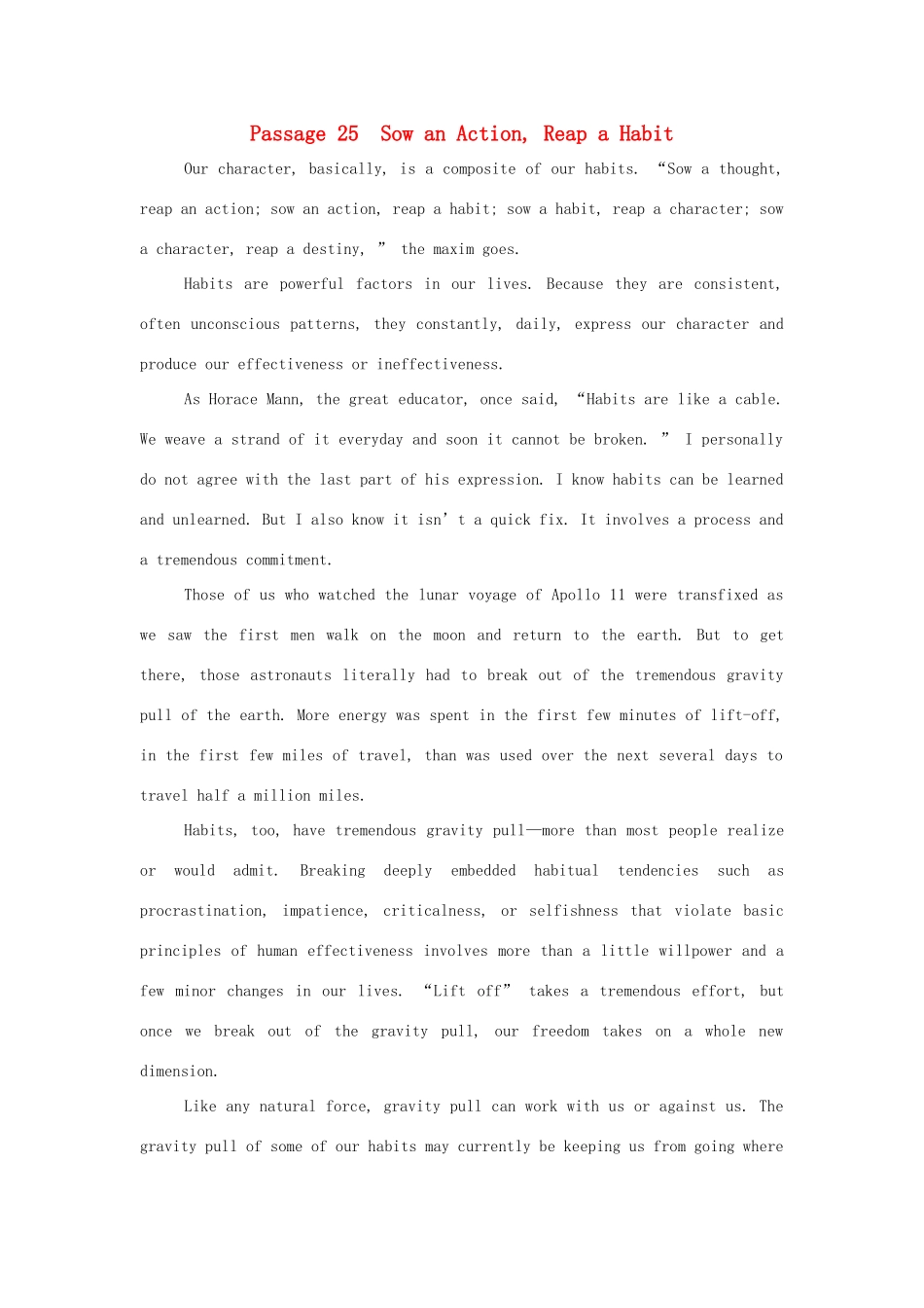 【全程复习方略】2014版高考英语 Passage 25 Sow an Action, Reap a Habit双语美文集锦素材_第1页