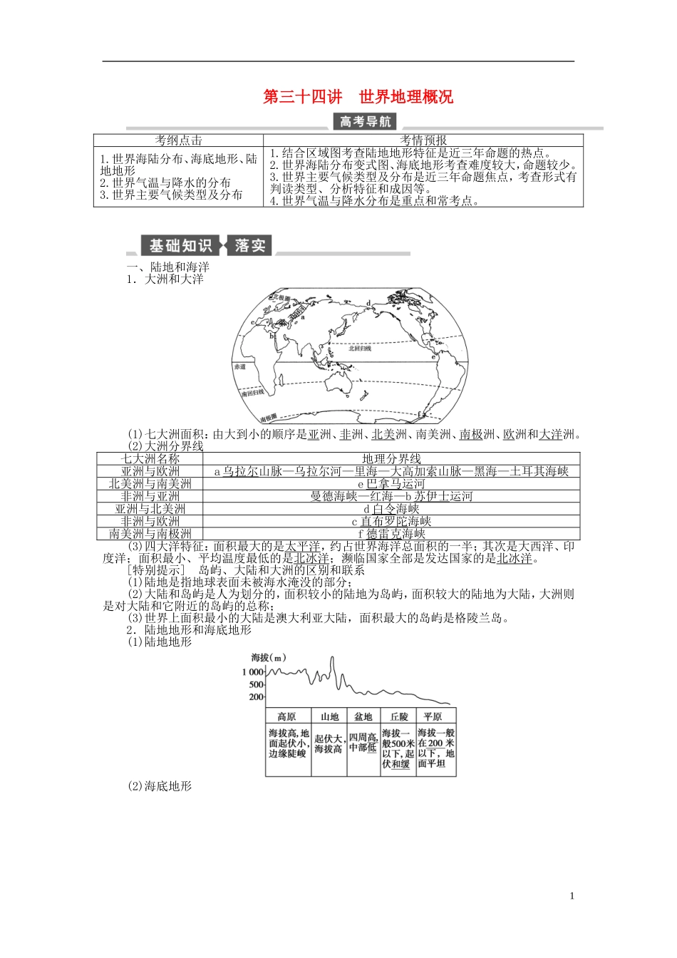 【全程复习方略】2015届高考地理一轮总复习 区域地理 第三十四讲 世界地理概况教案 湘教版_第1页