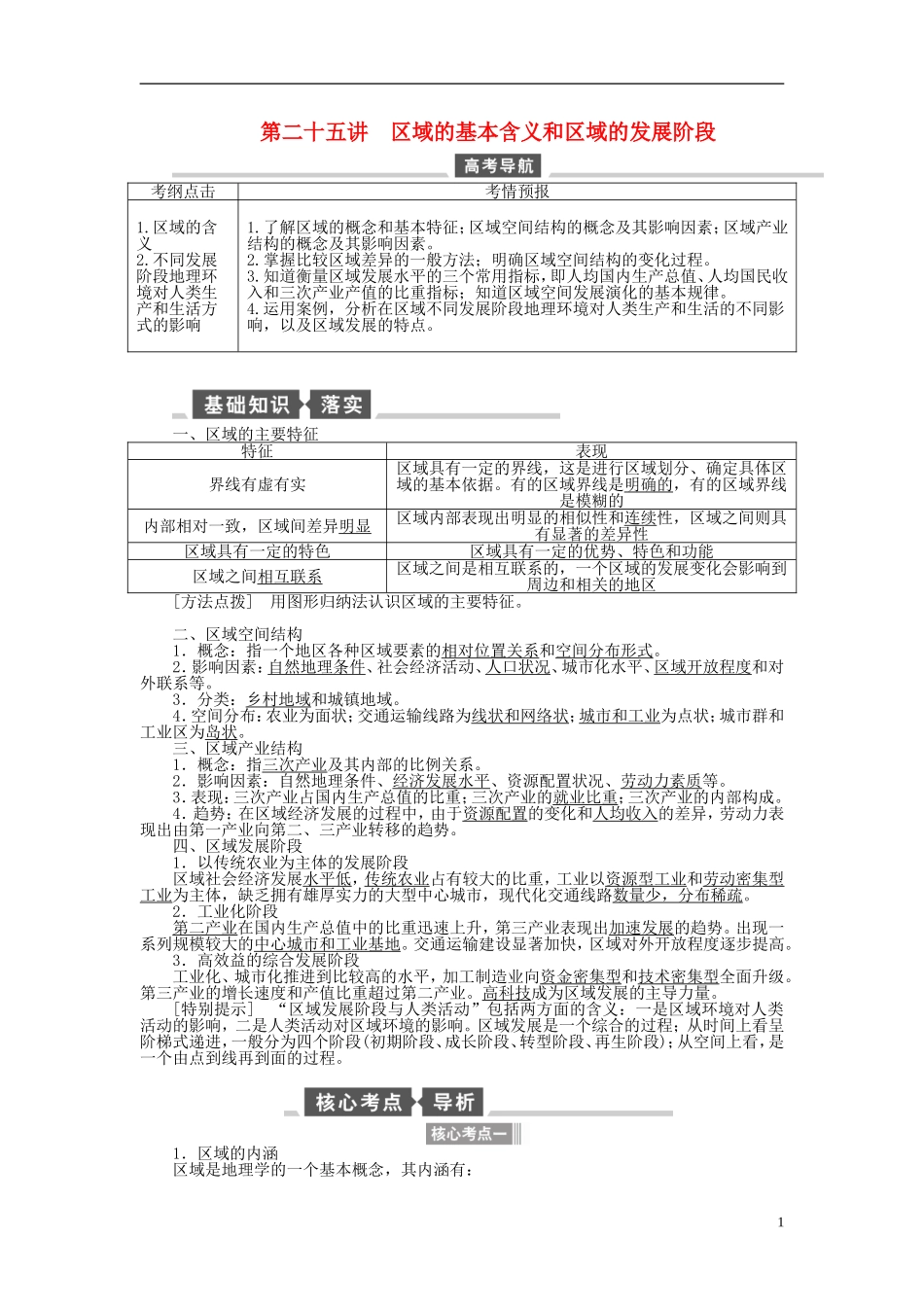 【全程复习方略】2015届高考地理一轮总复习 区域可持续发展 第二十五讲 区域的基本含义和区域的发展阶段教案 湘教版_第1页