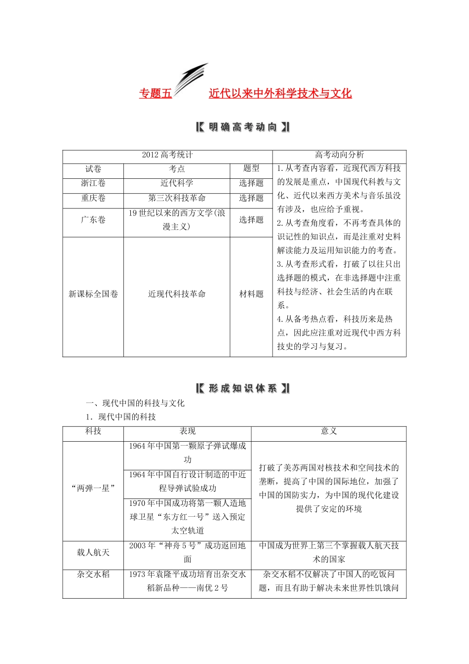 【三维设计】2013-2014年高中历史 第一部分 专题五 近代以来中外科学技术与文化同步导学案（含解析）新人教版必修3_第1页