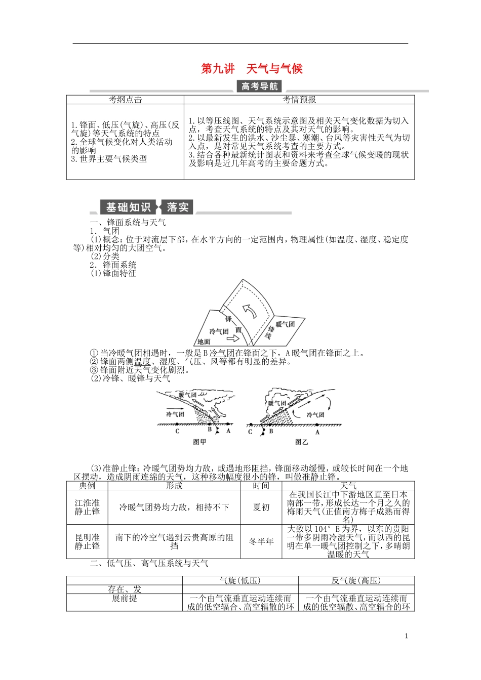 【全程复习方略】2015届高考地理一轮总复习 自然地理 第九讲 天气与气候教案 湘教版_第1页