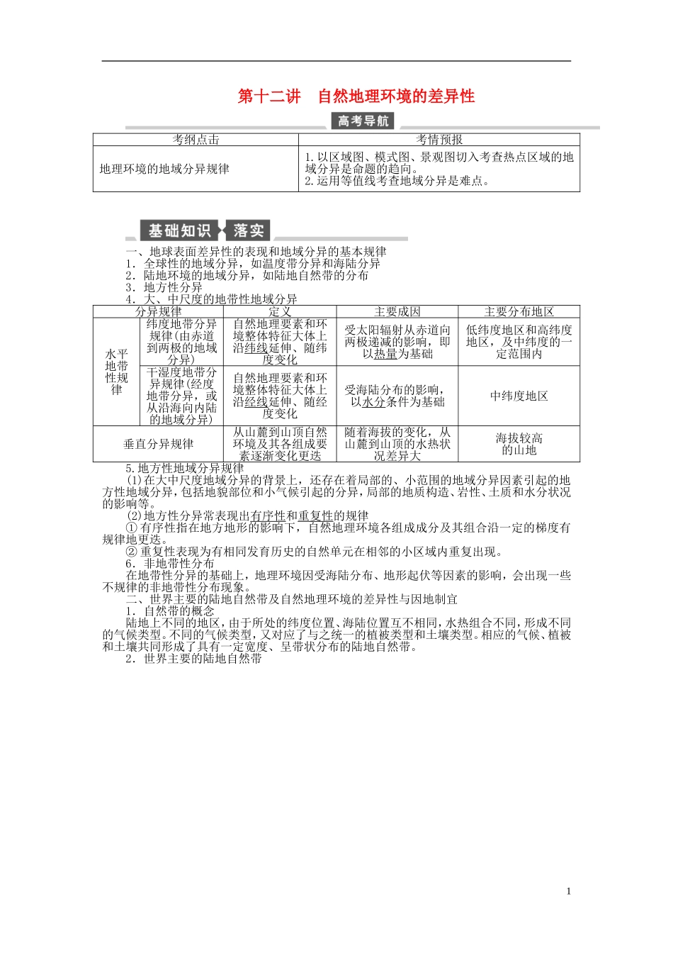【全程复习方略】2015届高考地理一轮总复习 自然地理 第十二讲 自然地理环境的差异性教案 湘教版_第1页