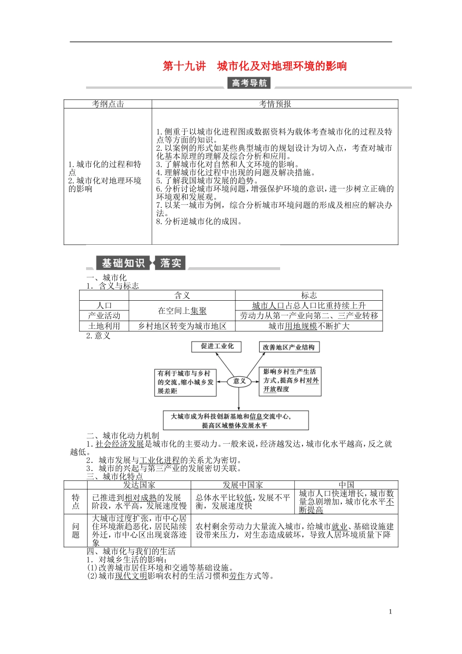 【全程复习方略】2015届高考地理一轮总复习 自然地理 第十九讲 城市化及对地理环境的影响教案 湘教版_第1页