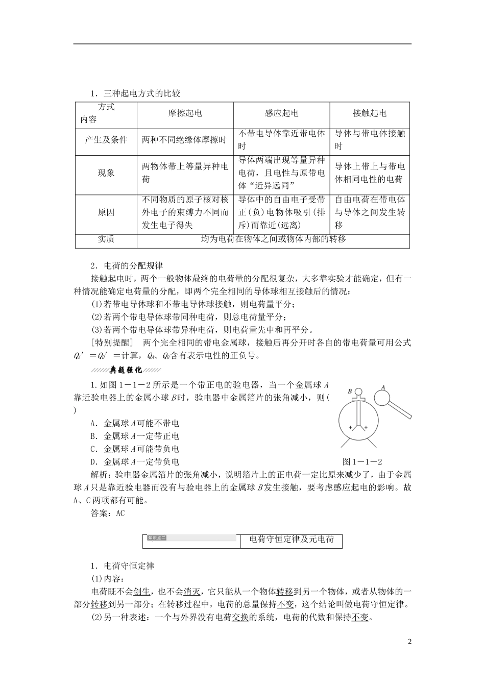 【三维设计】2013-2014学年高中物理 第一章第1节 电荷及其守恒定律同步导学案（含解析）新人教版选修3-1_第2页