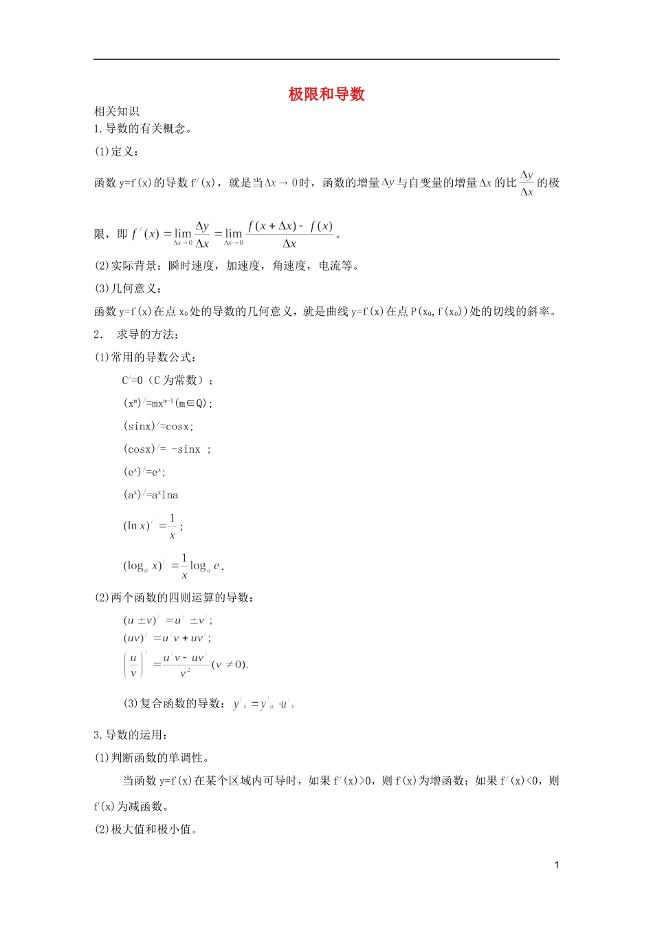 《提优教程》2012江苏省高中数学 第64讲 极限和导数竞赛教案_第1页
