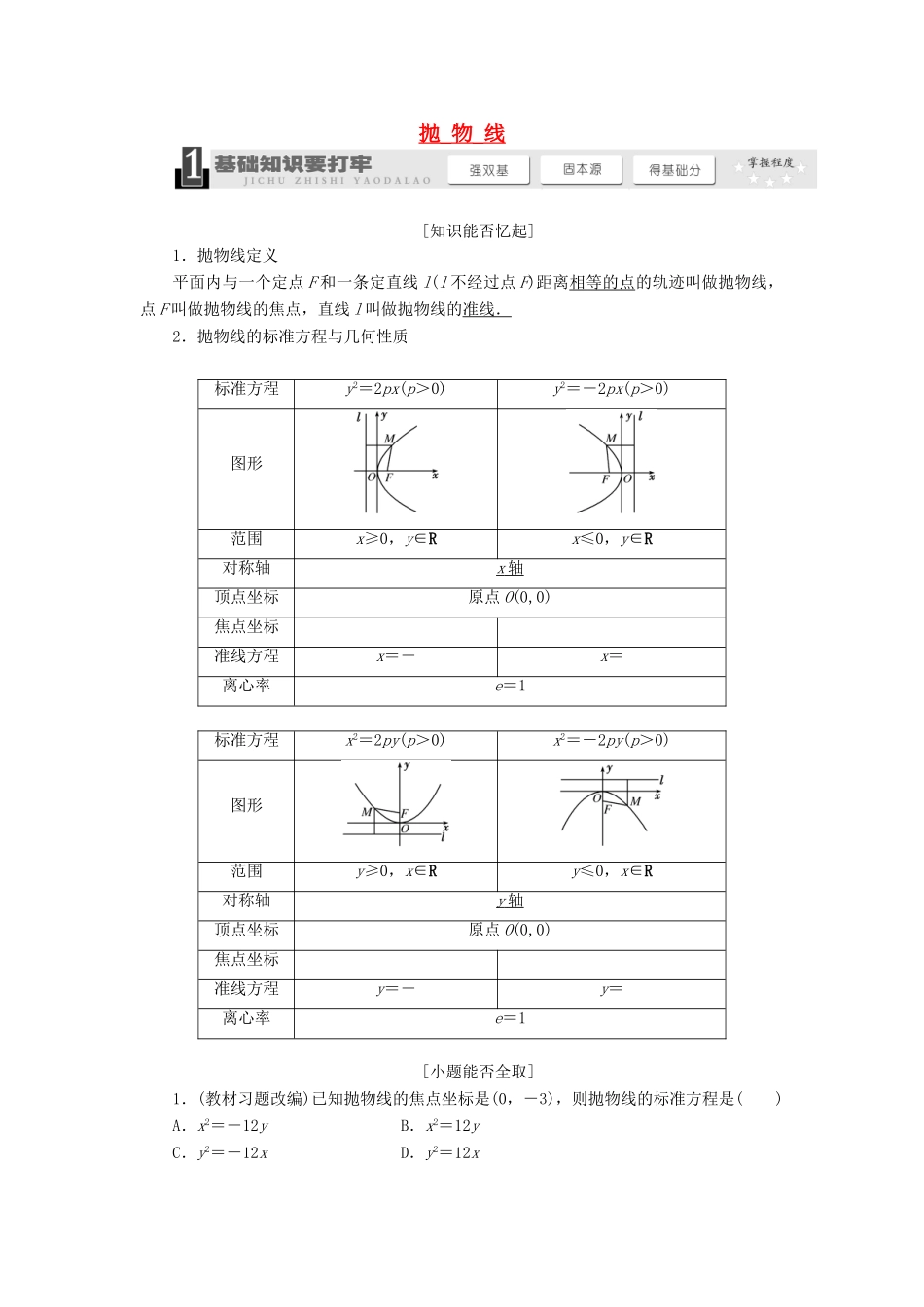 【三维设计】2013届高考数学总复习（基础知识+高频考点+解题训练）第八章 抛物线教学案 新人教A版 _第1页